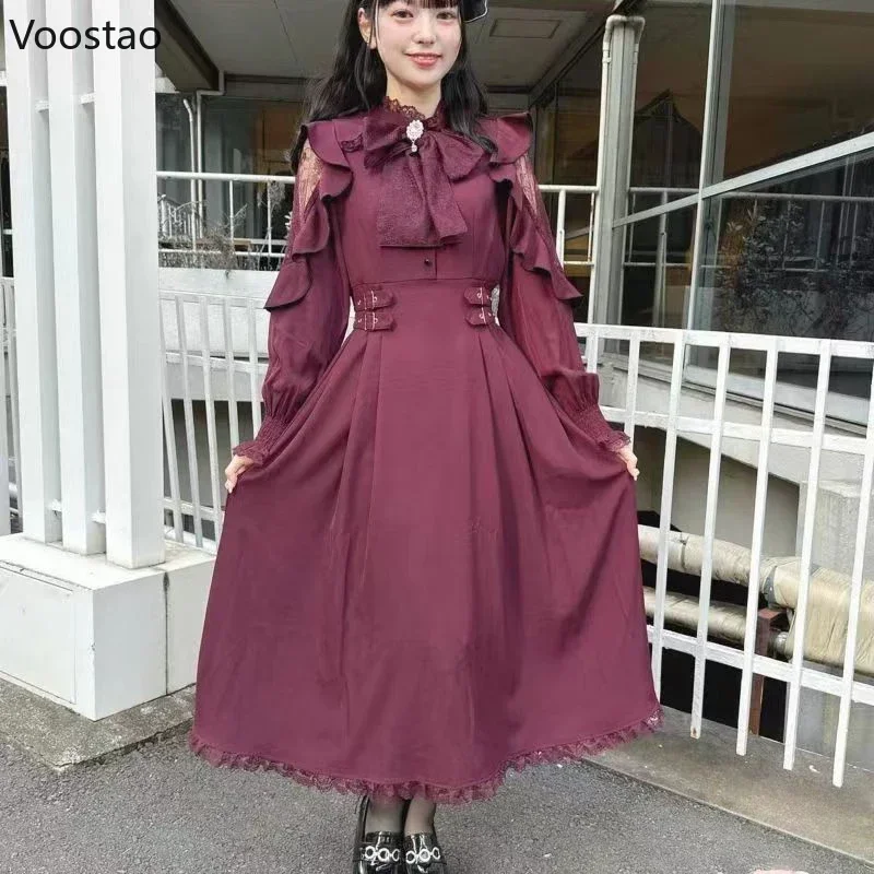 Japanese Style Gothic Y2k Lolita Dress Bow Lace Ruffles Long Sleeve Elegant Midi Dresses Sweet Women Casual Punk Party Vestidos