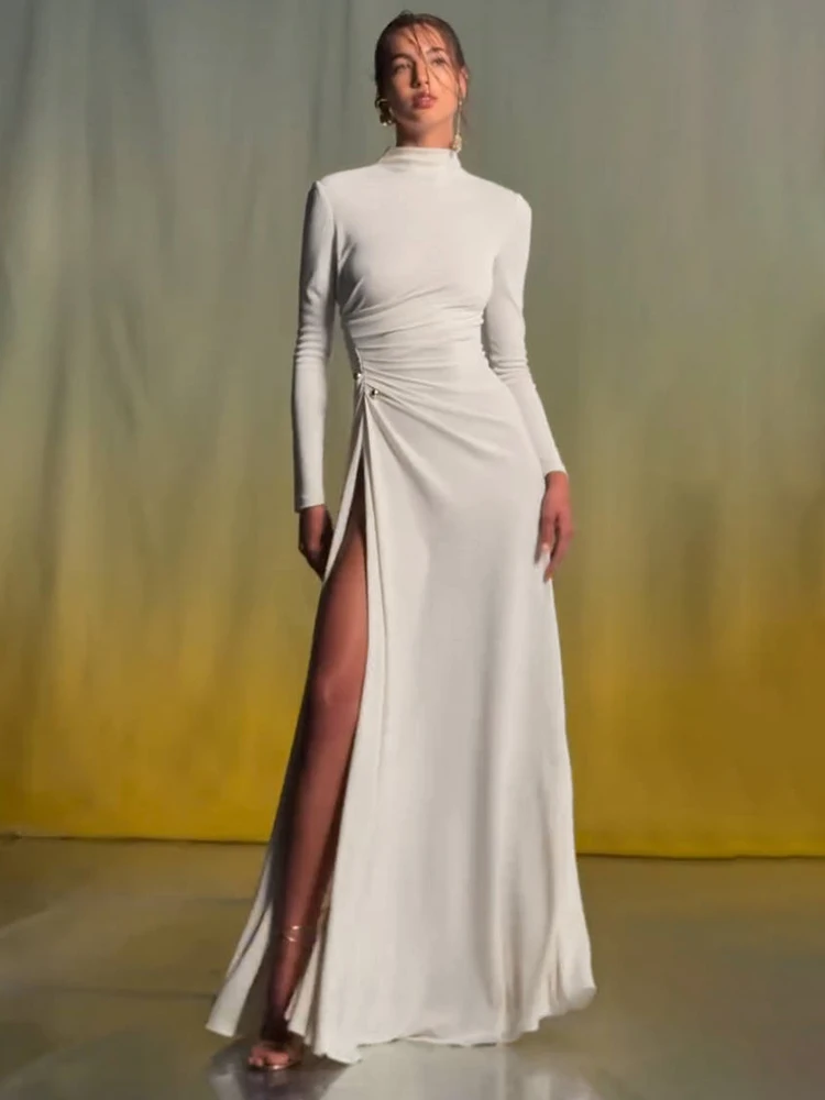 

Женские белые длинные платья с высоким воротом и высоким разрезом и рюшами Вечернее платье с длинными рукавами для официальных мероприятий и свадеб