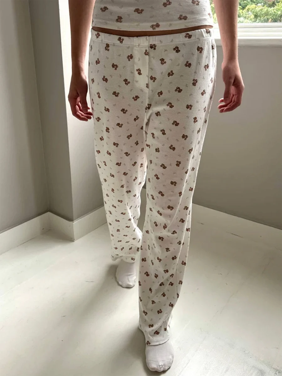 Cutecore Bears Eyelet Long Pant Woman Y2k Clothes High Waist Elastic Cute Pajama Pants Girls 2000s Vintage Straight Trousers