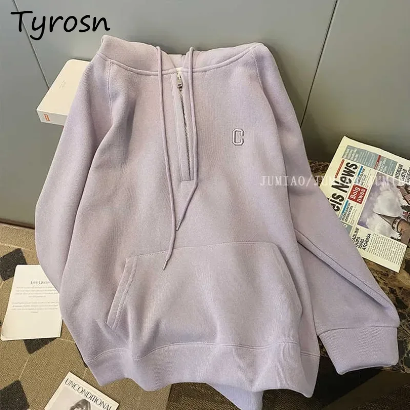 

Однотонные свободные толстовки с вышивкой и передним карманом на молнии, женские модные универсальные корейские стильные бархатные осенне-зимние женские шикарные толстовки