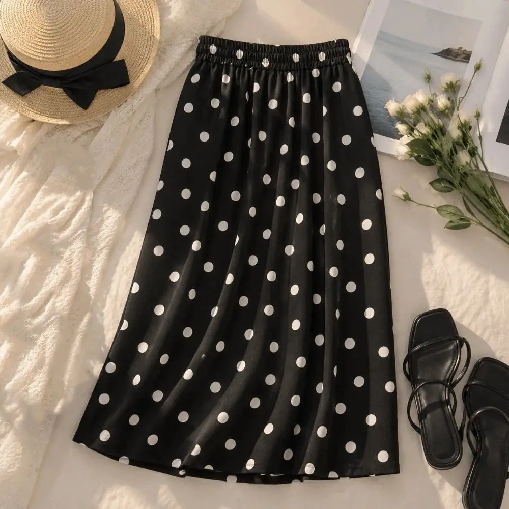 Vintage Elastic Waist Polka Dot Skirt Slim Fit Pleated A-Line Skirt Splicing Design Summer Half-length Dress Summer