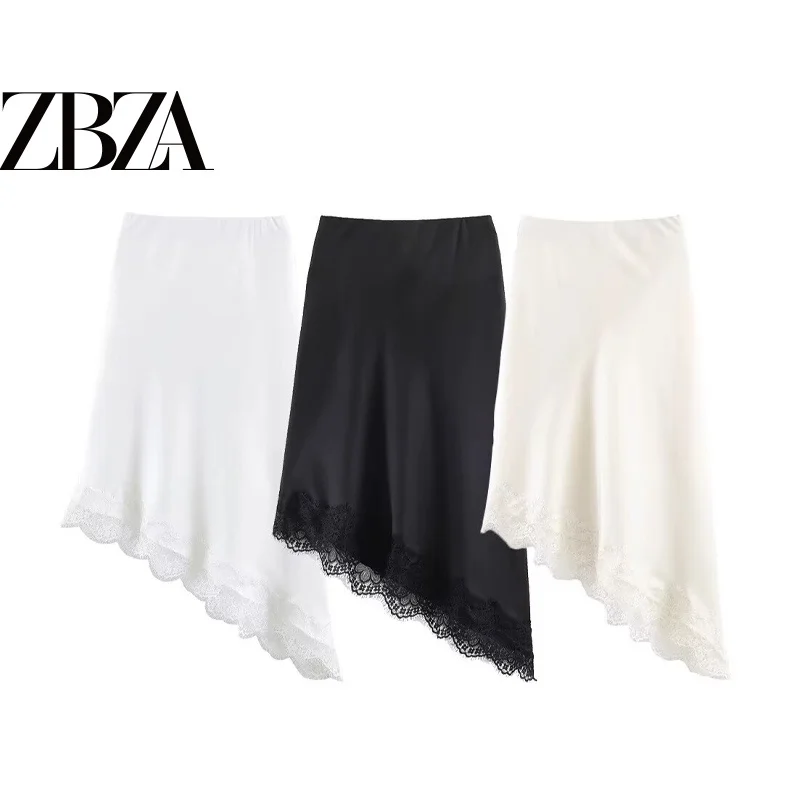 Fashionable ZR Style Asymmetric Pure Desire Satin Acetate Lace Patchwork  Skirt for Women Casual Straight Cut mid Waist