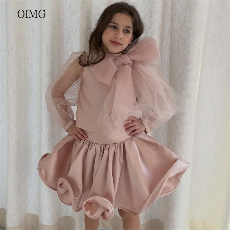 

OIMG Румяно-розовое платье трапециевидной формы с рюшами для девочек-цветочниц с бантом и длинными рукавами Свадебное платье длиной до колена по индивидуальному заказу