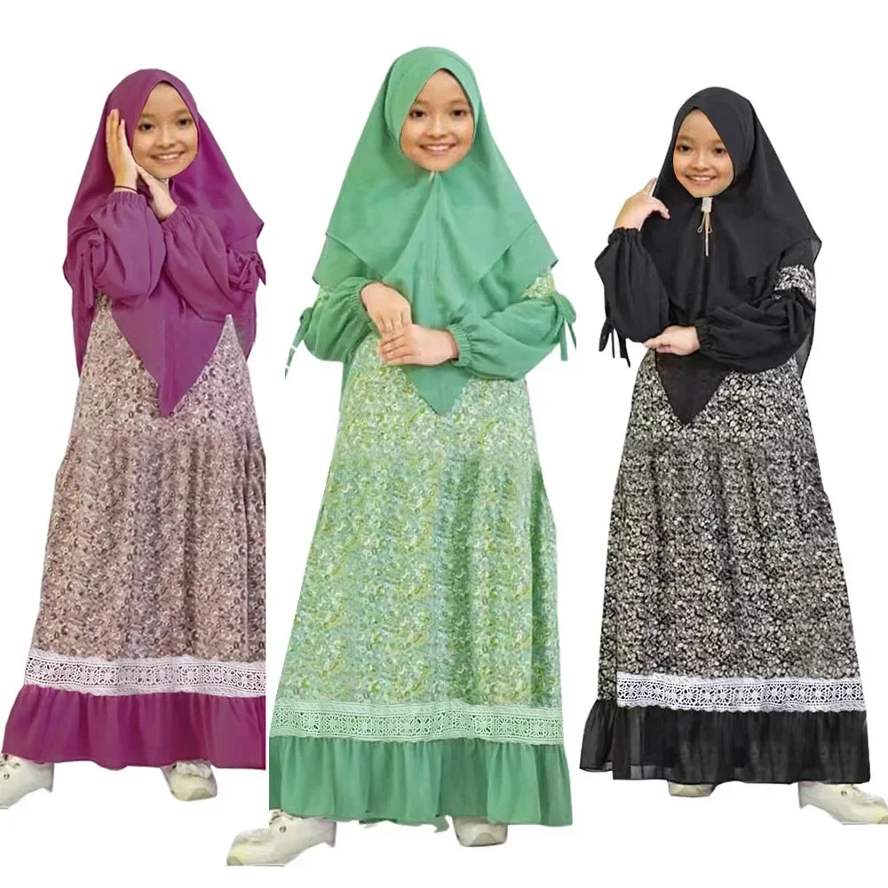 2pcs Muslim Ramadan Sets Children Girls Prayer Dresses Hijab Abaya Arab Kids Long Khimar Robe with Headscarf Islamic Kaftan Gown