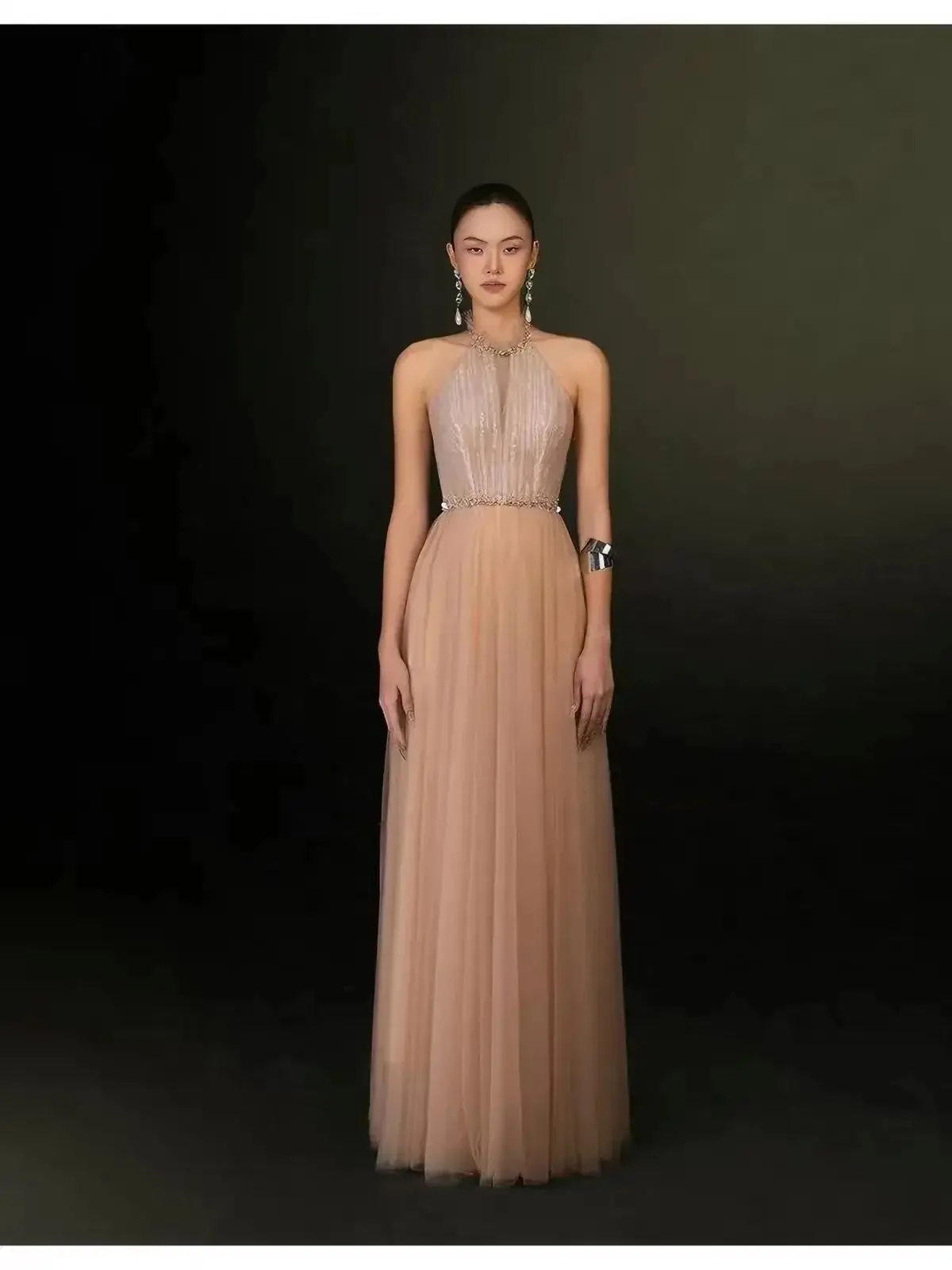 Aenyrst Elegant Dress Halter Embroidered Flares Gauze Patchwork Pleated Women's Evening Party Dresses 2026 Spring Customized