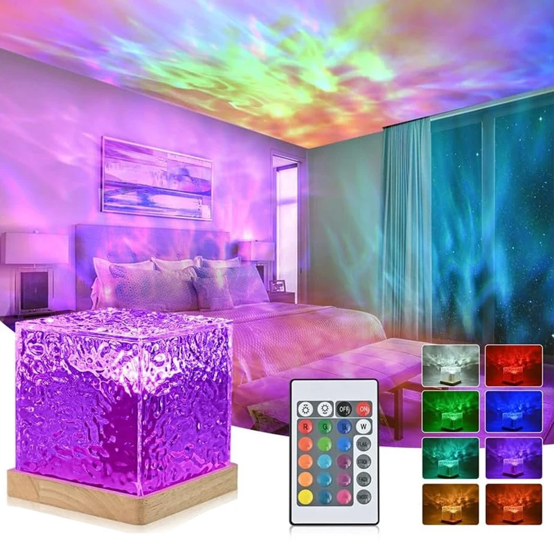 Ocean Wave Projector Light 16 Color Remote Control Cube Lamp Aurora Lamp Home Bar Restaurant Projector Bedroom Decor Night Light