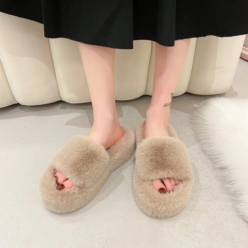 Furry Slides Women Winter Shoes Ladies Plush Slippers House Comfort Flats Bedroom Shoes Woman Casual Slip-on Cotton Slipper