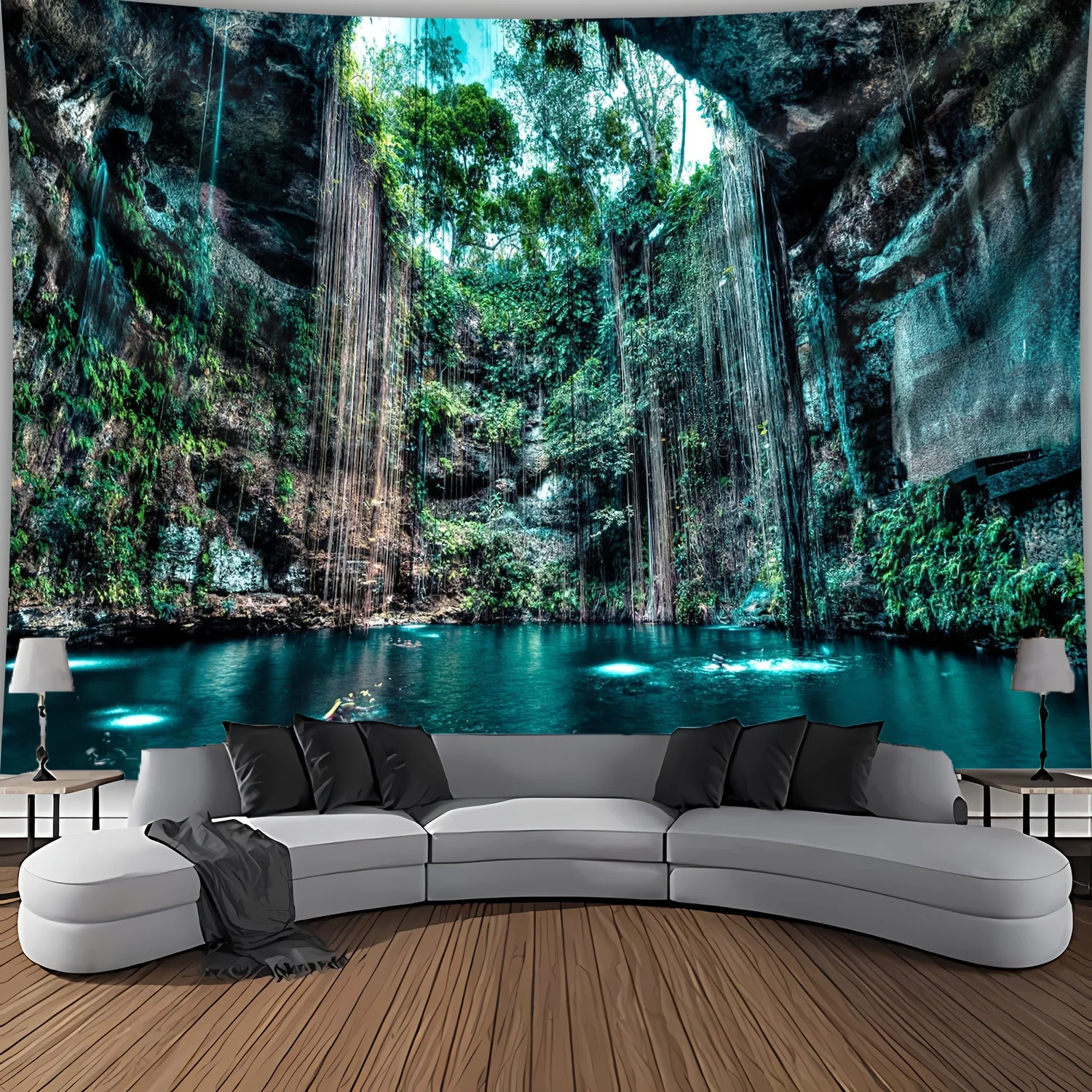 2D flach, 1 Stück Höhle, natürliches Schwimmbad, Landschaft, Foto, Polyester-Hintergrundstoff, geeignet für Partydekoration