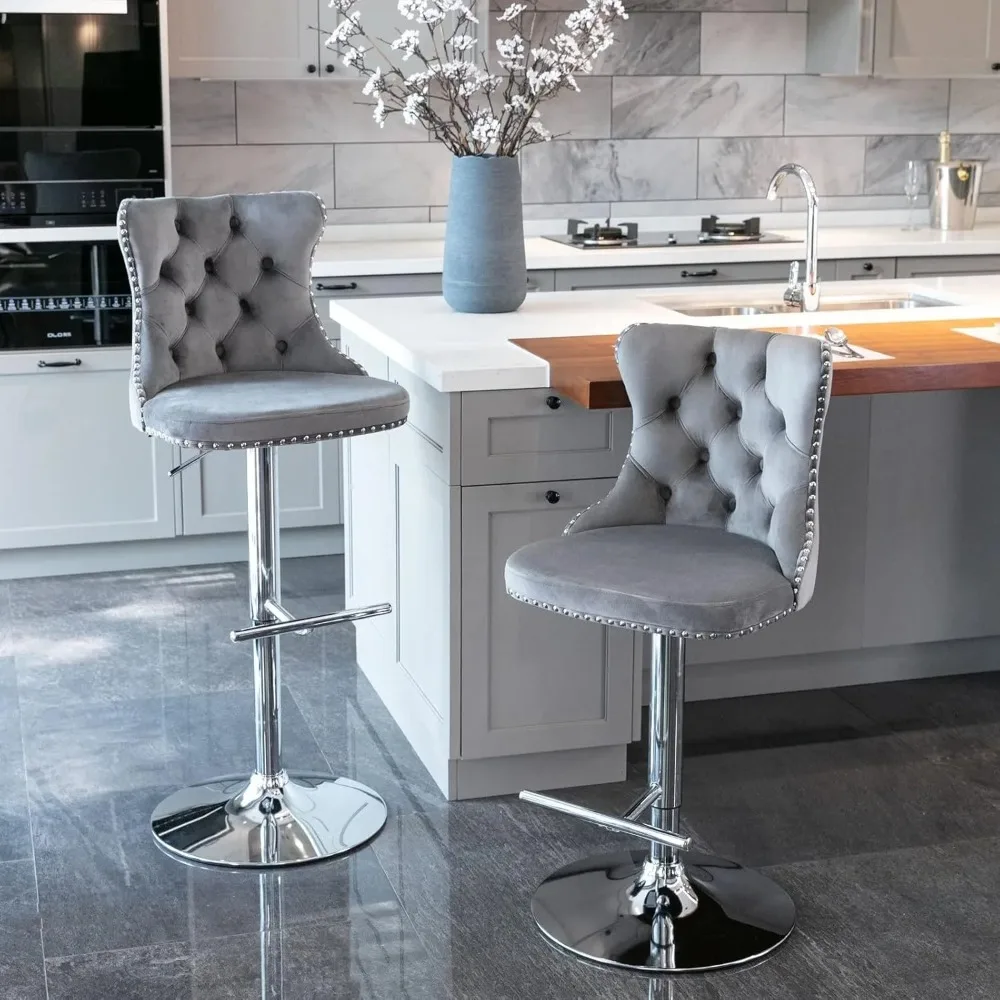 Set of 4 Adjustable Velvet Counter Height Barstools with Back and Footrest Swivel Kitchen Stools Grey