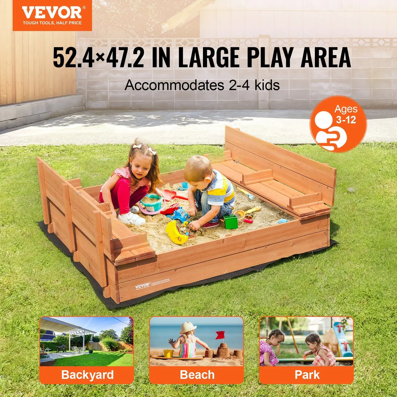 Wooden Sandbox, 52.4 x 47.2 x 16.9 in Sand Box, Sand Pit with Foldable Bench Seats and Bottom Liner, Natural Wood Kids Sandbox