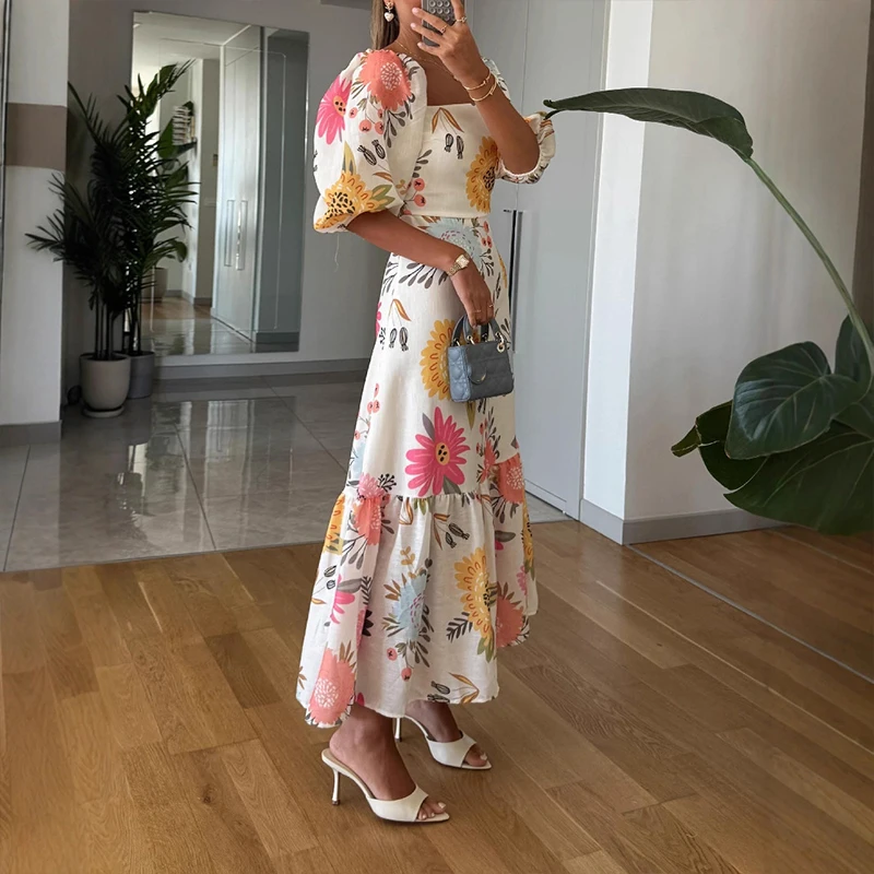Elegant Square Neck Bubble Sleeve Long Dress Women Fashion Patterns Print Bohemian Dress Summer Casual Waist A-Line Party Dress