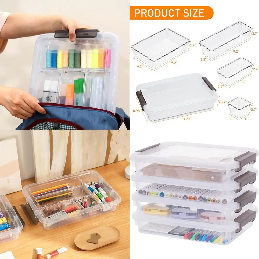 

Набор из 4 прозрачных пластиковых контейнеров для хранения с органайзером для дома, офиса и школьных принадлежностей, штабелируемые и прочные