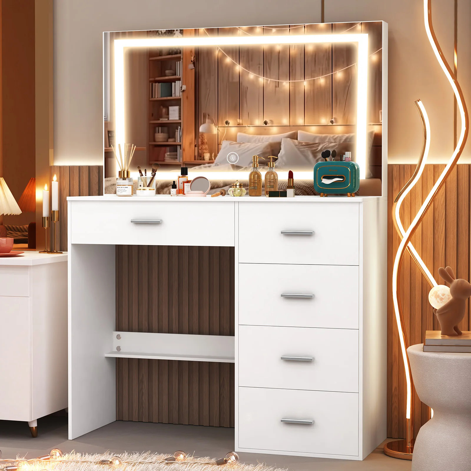 White Hollywood Vanity Set, Large LED Bulbs Mirror, 5 Drawers 3 Color Dimmable Bedroom Dresser