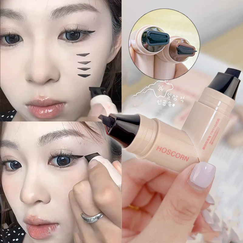 Rotierender integrierter Eyeliner-Stempelstift mit Doppelkopf für One-Touch-Anwendung, schnell trocknender flüssiger dreieckiger Eyeliner-Wing-Seal-Stift