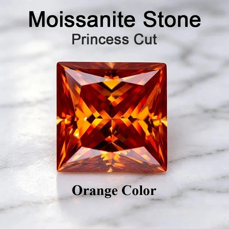 Moissanite Stone Princess Cut Orange Color Lab Grown Gemstone for DIY Charms Jewelry Making Pass Diamond Test with Certificate
