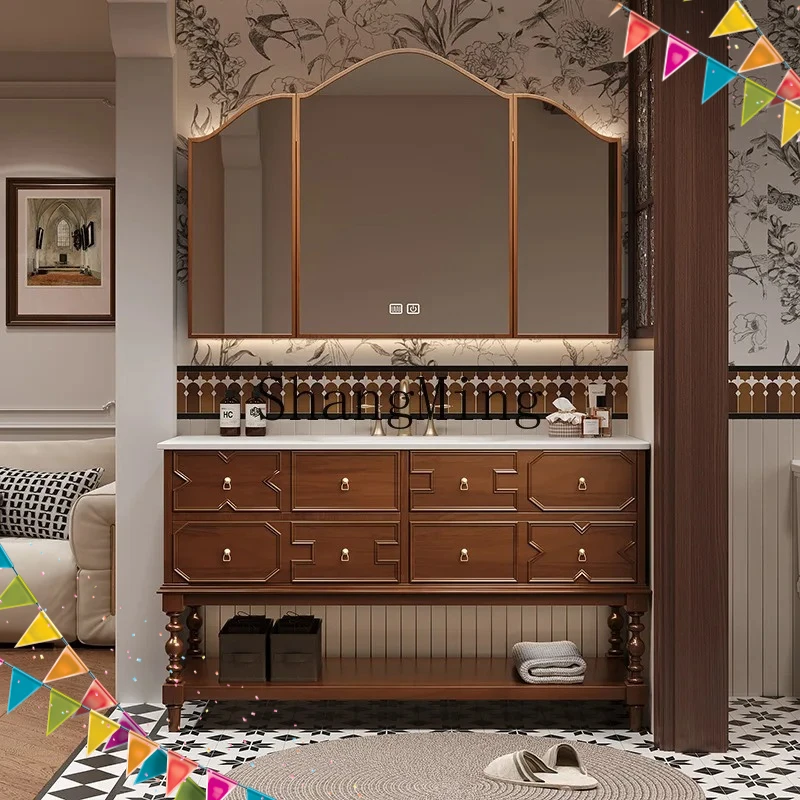 

FG household retro style bathroom cabinet combination bathroom washbasin rock slab hot bending integrated basin