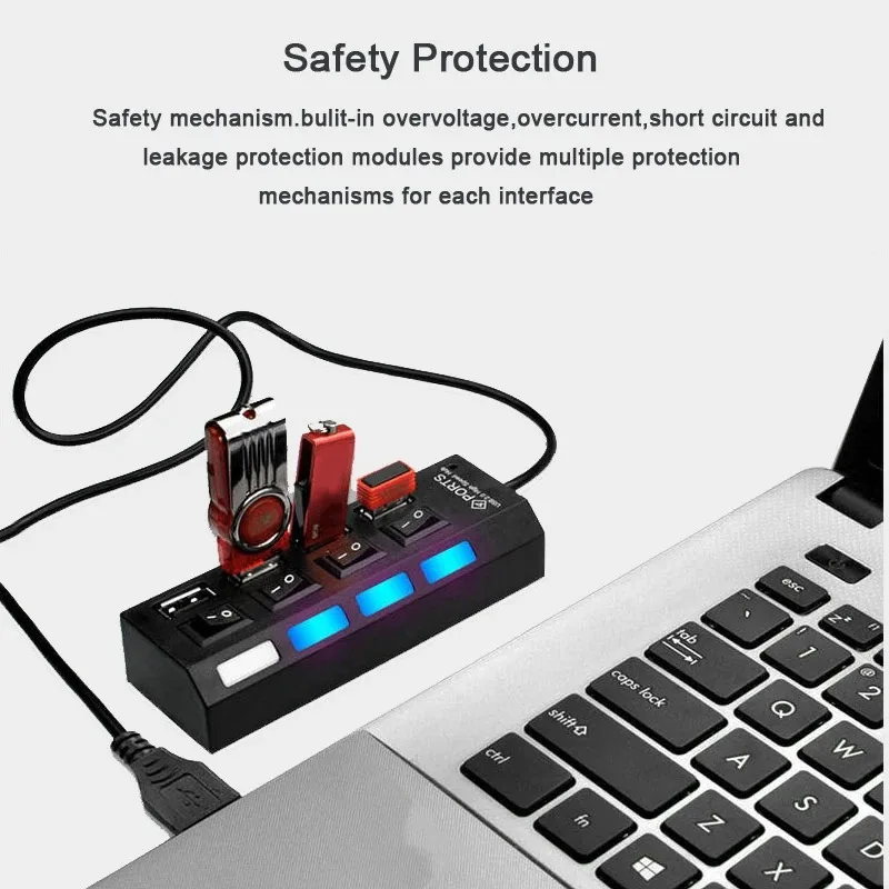 Hub USB 7 in 1 Splitter USB con interruttore on/off USB 2.0 Docking station USB con trasmissione ad alta velocità da 480 Mbps per laptop MacBook