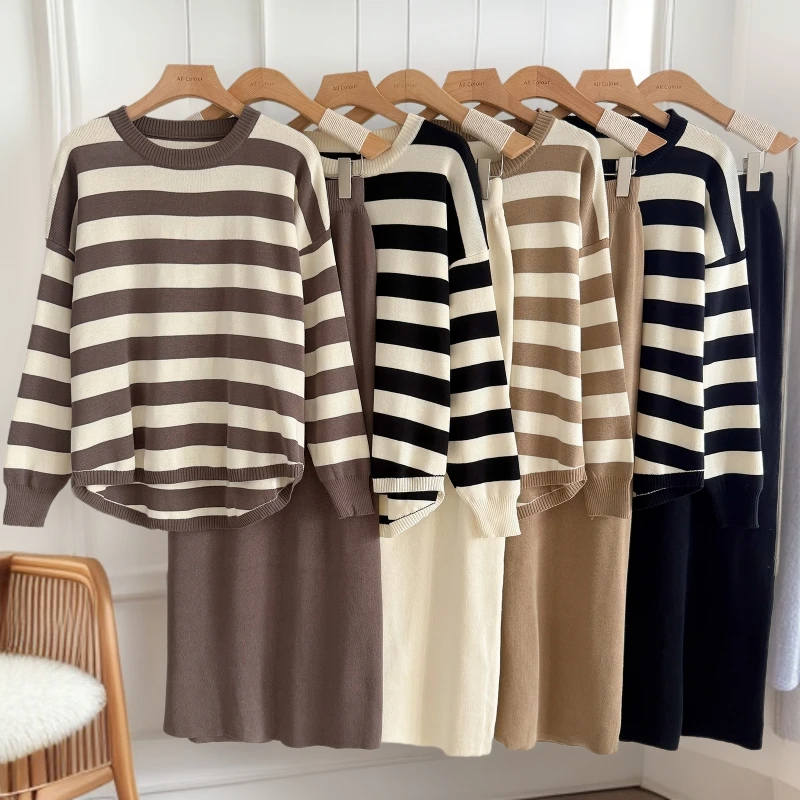 Two Pieces Women Knitted Dress Set Stripe Matching Sets O Neck Sweater Ankle Lenth Skirt Loose Elegant Casual 2026 Autumn Winter