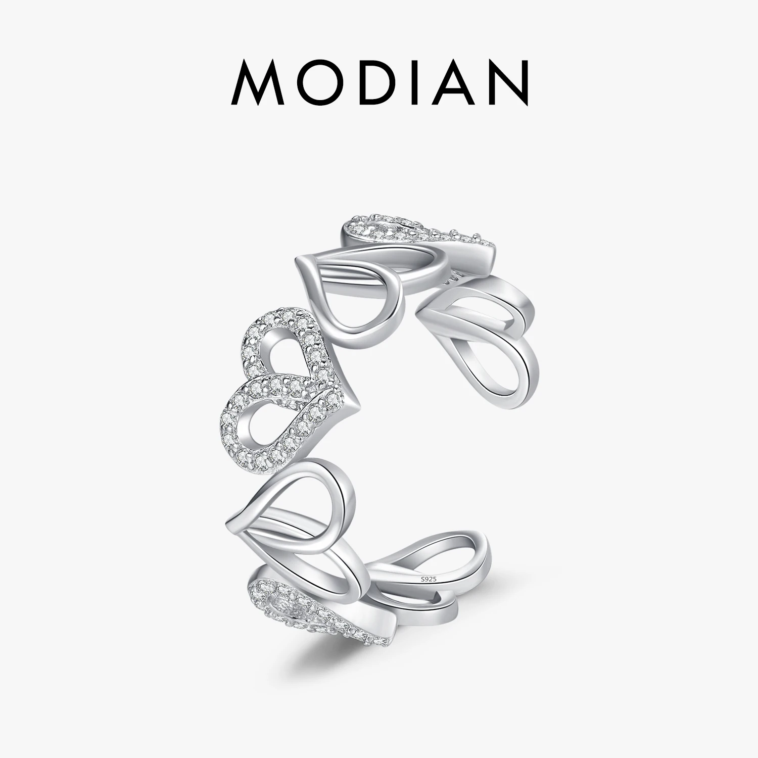 

MODIAN 925 Sterling Silver Fashion Hearts Adjustable Ring Classic Simple Fine Jewelry For Women Anniversary Valentine's Day Gift