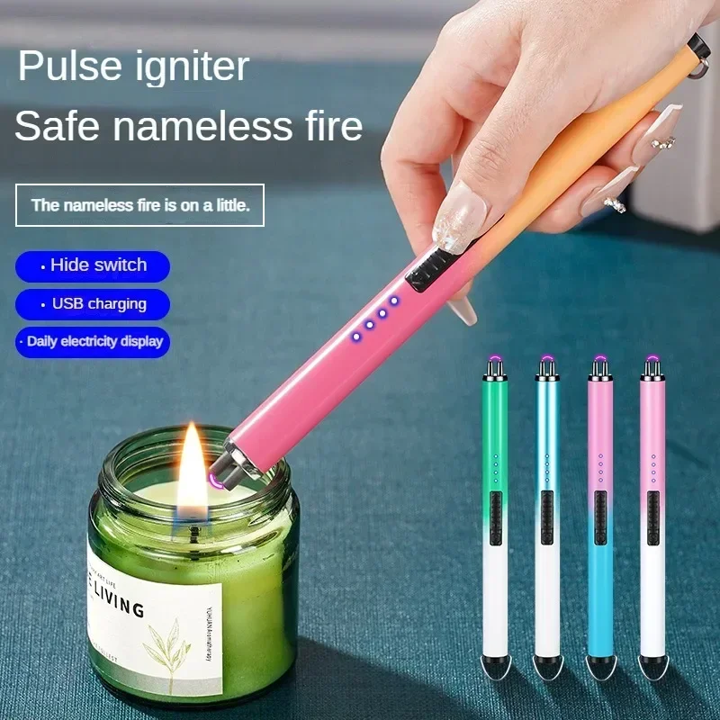 Aromatherapy Candle Kitchen Gas Stove BBQ Lighter Metal Windproof USB Electric Rechargeable Lighter LED Light Safety Lock Hook