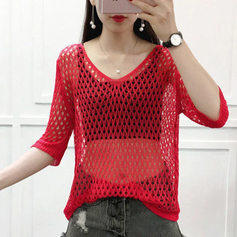 Fashion V-Neck Knitted Solid Color Hollow Out Blouse Women\'s Clothing 2023 Summer New Casual Pullovers Tops Loose Commute Shirt