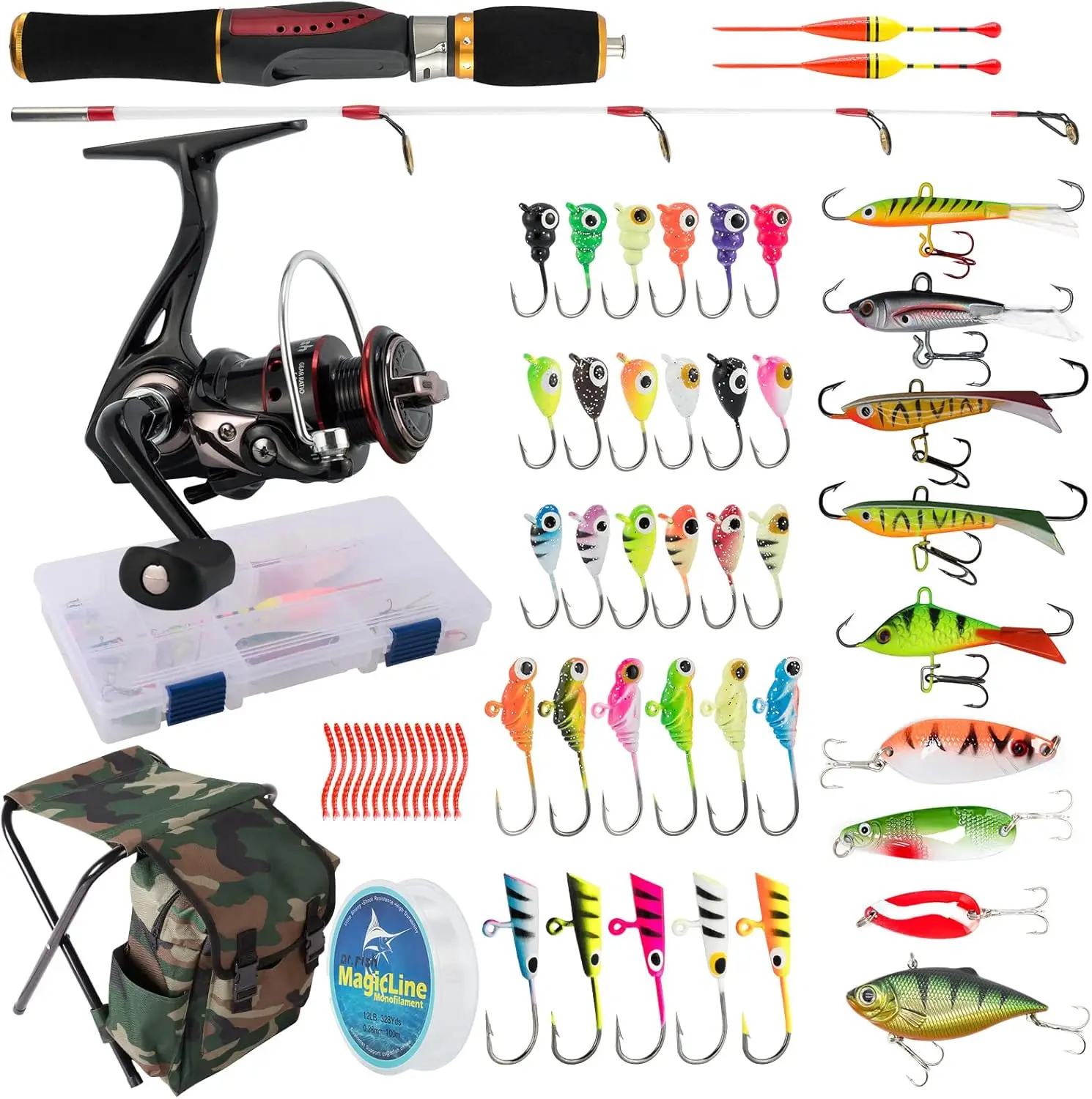 

Ice Fishing Rod and Reel Combo, 24in Spinning Rod Reel Set with Backpack Seat, Jigs Lures Accessories