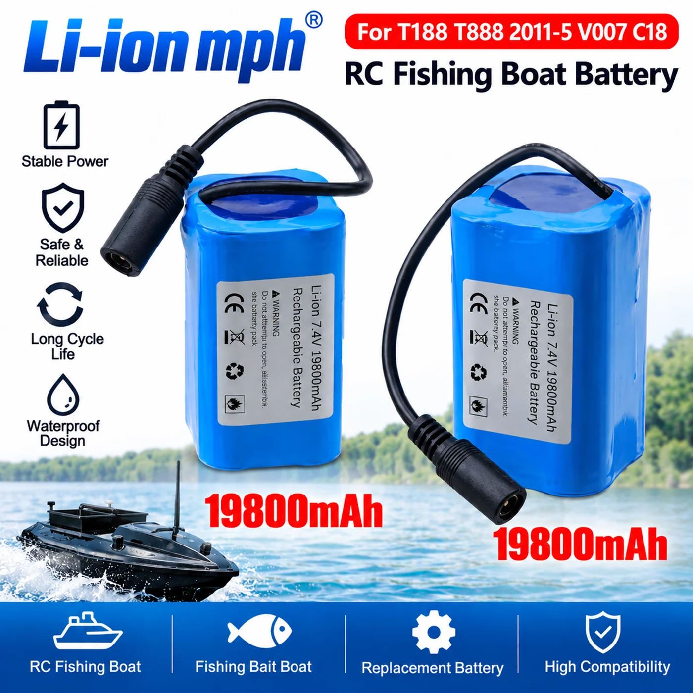 Image of 7,4V 19800mAh Li-Ionen-Akku mit Ladegerät für T188 T888 2011-5 V007 C18 H18 V18 D18B FX88 RC Angelköderboot