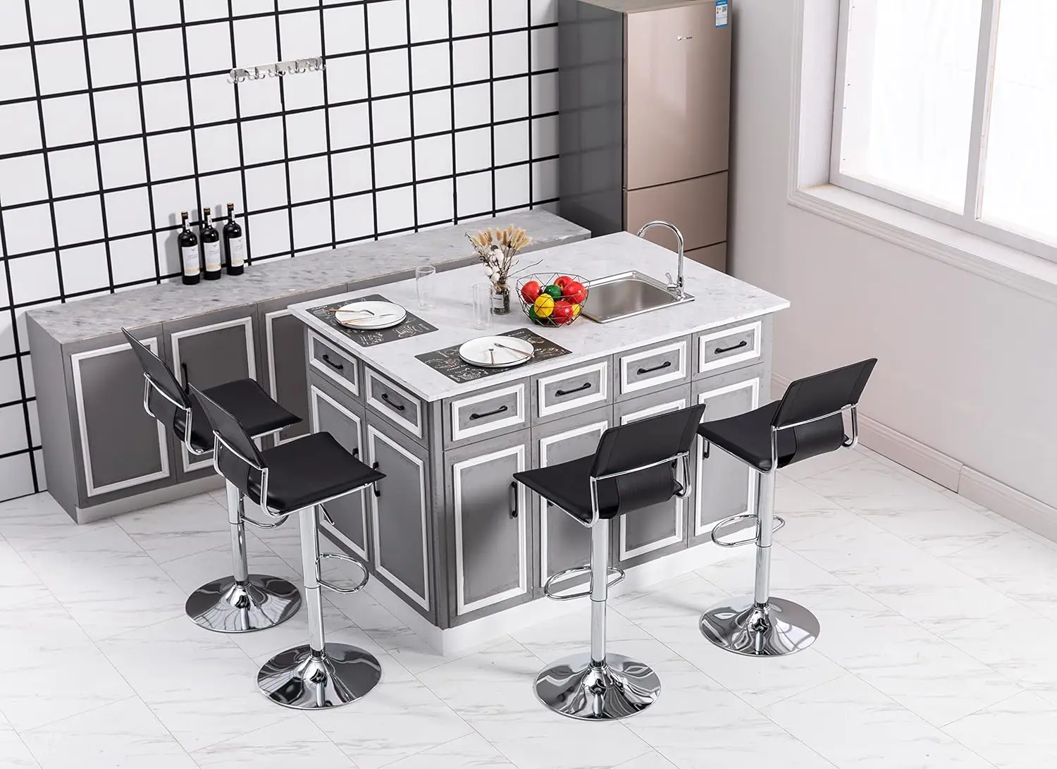 Black Bar Stools, Adjustable Barstools Set Of 2, Swivel Bar Chairs With Back.