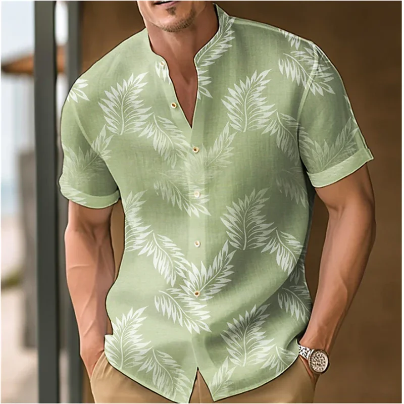 Men\'s Shirt Leaf Print Stand Collar Black Blue Purple Green Outdoor Street Short Sleeve Clothing Dress Fashion Designer New 2023