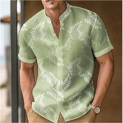 Men's Shirt Leaf Print Stand Collar Black Blue Purple Green Outdoor Street Short Sleeve Clothing Dress Fashion Designer New 2023