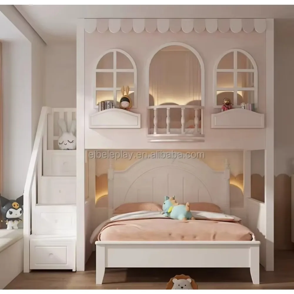 غرفة نوم الأطفال، سرير خشبي رائع بطابقين مع مكتب أسفل وخزانة تخزين الكتب لغرفة الأطفال