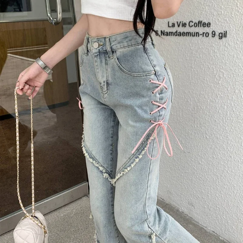 Jeans Women Harajuku Pink Bandage High Waist Denim Pants Casual Streetwear Y2K Vintage Korean Female Irregular Spliced Trousers