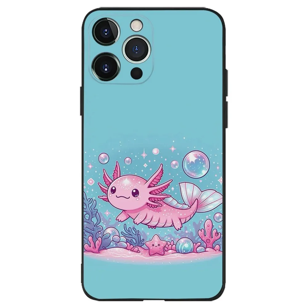 Cute Axolotl Phone Case For iPhone 16,15,14,13,12,11,Plus,Pro Max,XS,X,XR,SE,Mini,8,7 Soft Silicone Black Cover