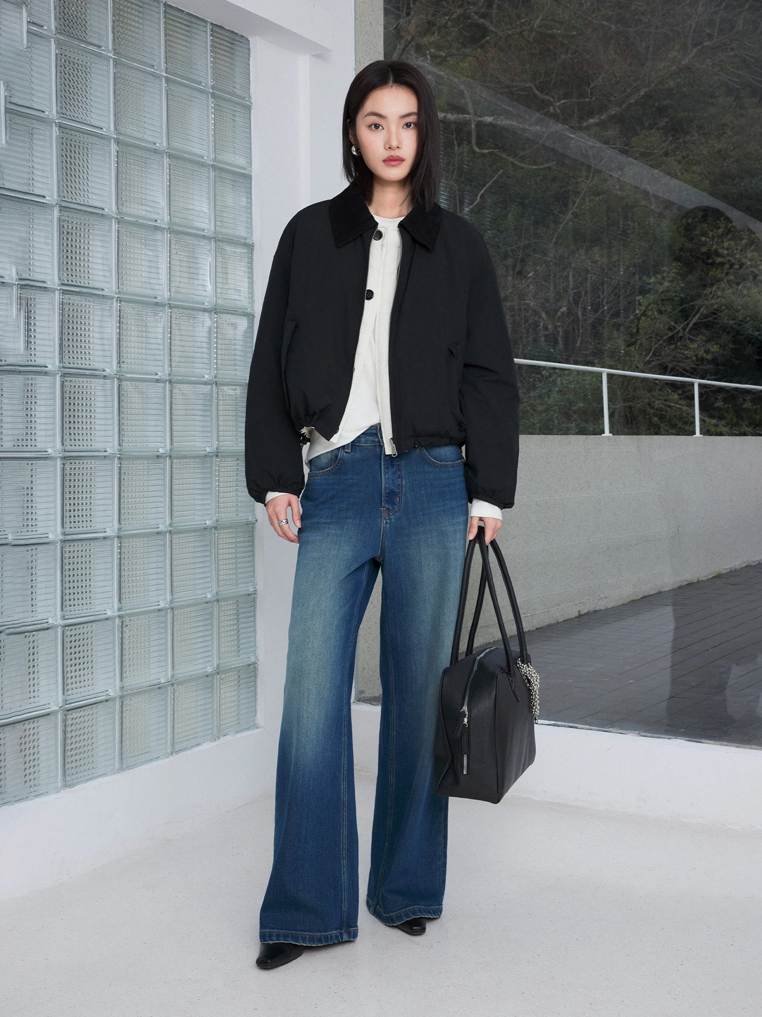 

CLMX Skin-friendly Matte Fibone Corduroy Double-sided Wear White Du down Puffer Jaet Women's Commute Sle Loose Fit