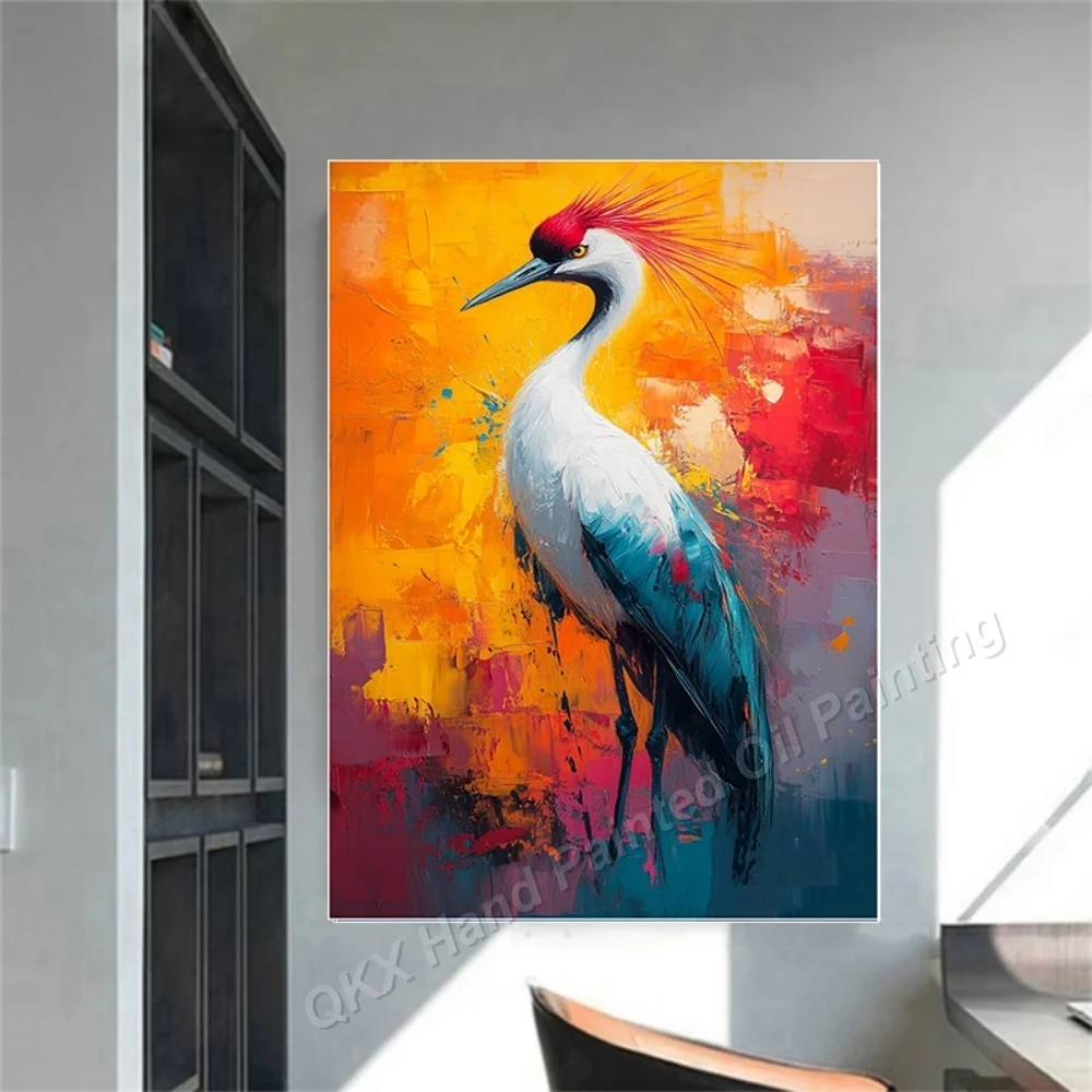 Hand-Painted Thick Impasto Oil Painting Red Crowned Crane Warm Tone Vertical Canvas Wall Art Decor for Living Room