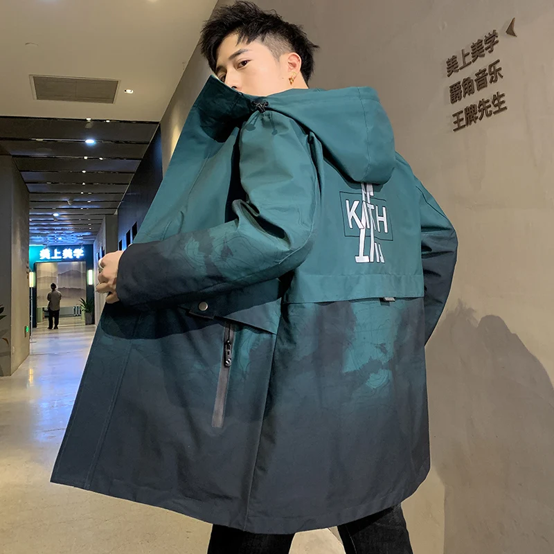 

Large Size L-8XL Tops Men's Autumn Casual Mid-Length Hooded Jacket Street Outwear Coats Trench Spring Printed Windbreaker HipHop