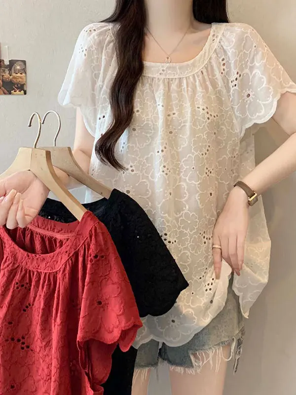 Summer Lace irt Women's Loose Fit ort Sve Hollow out Design plus Size Belly Covering Slimming Single Top