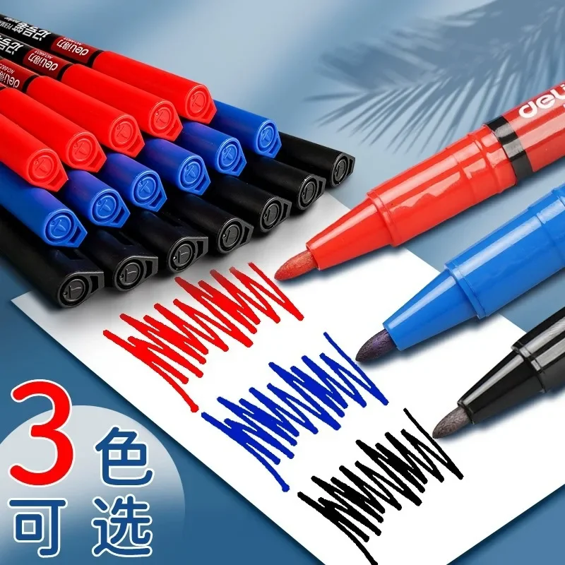 Deli Dual Tip Marker Liner Pen 12Pcs/Set Waterproof Permanent Markers Black Blue Red Ink Warehouse Home Use