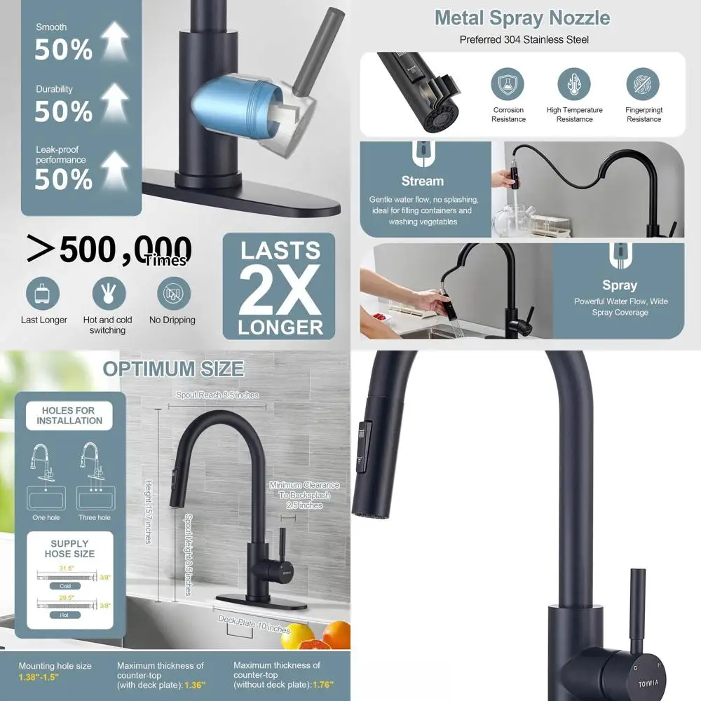 

Matte Black High Arc Pull-Down Spray Kitchen Faucet with Single Handle for Deck Mount in 1 or 3 Holes, Suitable for RV, Bar, Far