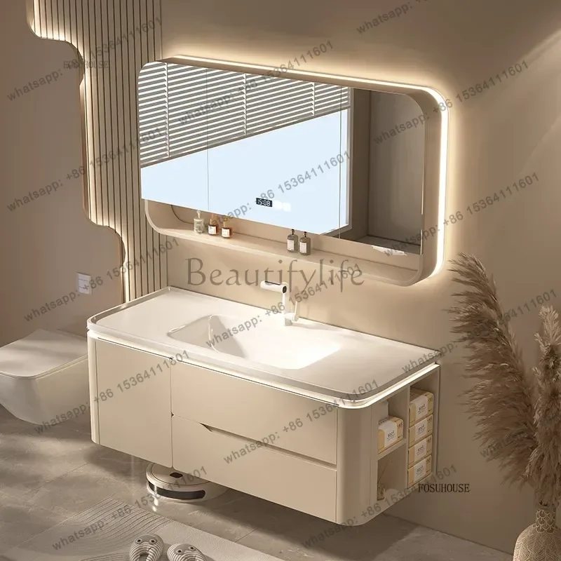 PG Oak Bathroom Cabinet Combination Rounded Corner Cream Ceramic Integrated Sink Toilet Washbasin Bathroom Vanity Cabinet s