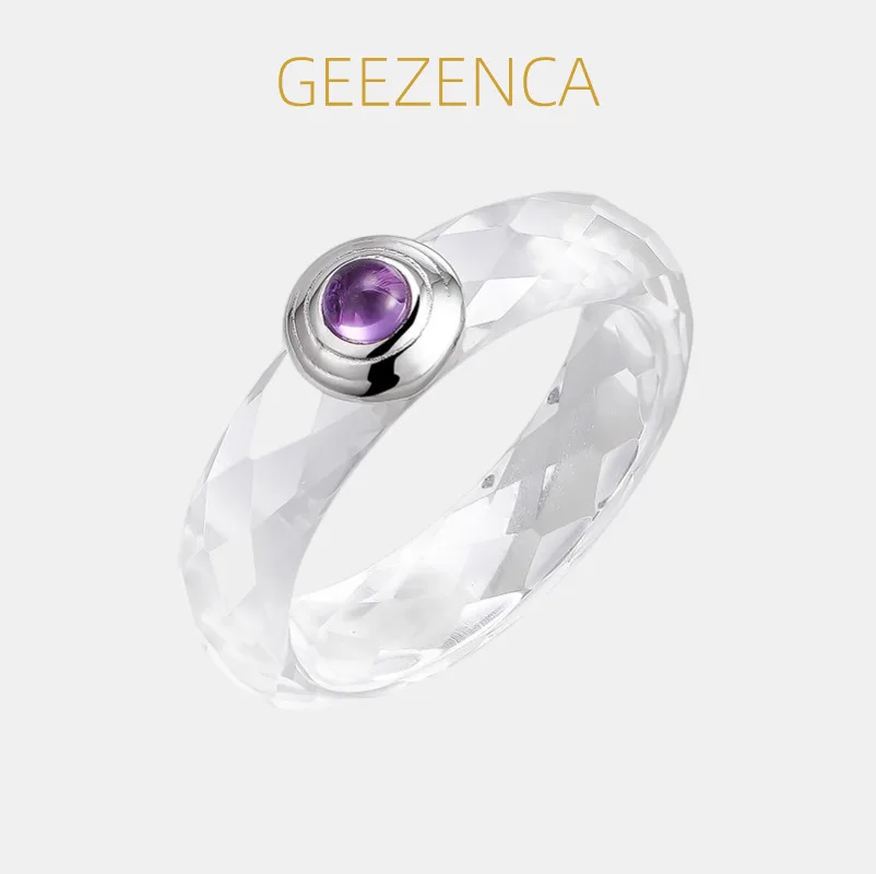GEEZENCA Round Amethyst Stone 925 Silver Size 7 White Crystal Band Rings For Women Clear Dainty Stackable Statement Ring Gift