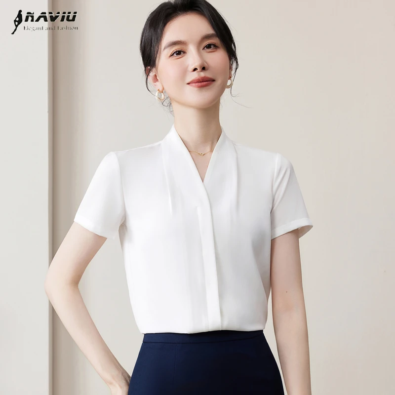 

NAVIU White Black Shirt Women V Neck Temperament Short Sleeve Formal Blouses Office Ladies Work Tops