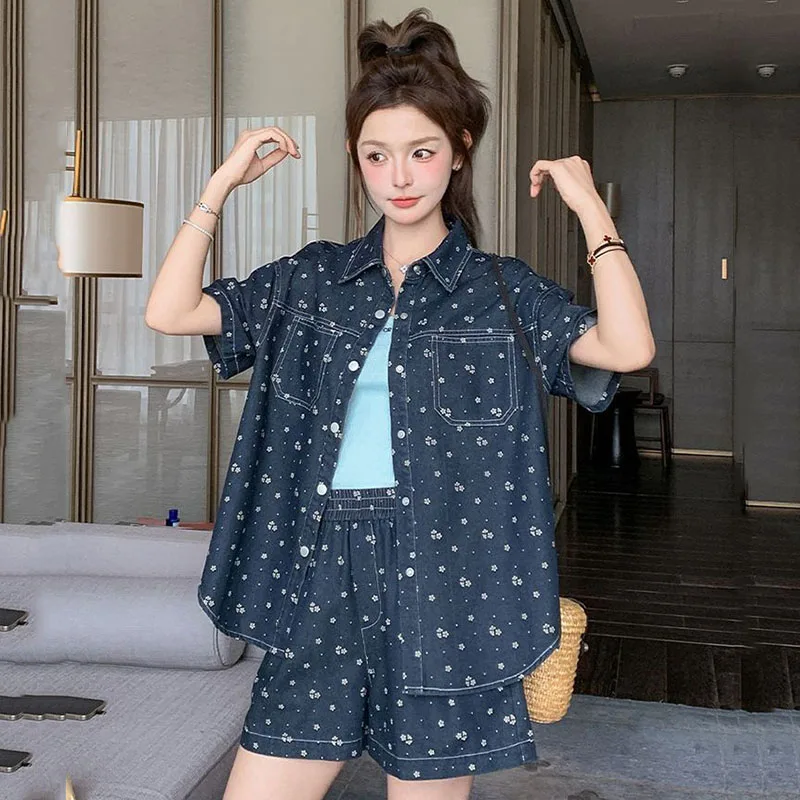 Korean Style Lazy Fashion Floral Shirt Shorts Two-Piece Set Women Spring Summer New Small Size Denim Set Polyester Fiber