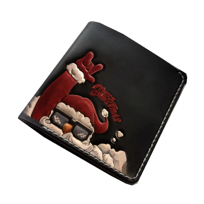 

Hand-made Short Wallets Santa Claus Purses Women Men Clutch Vegetable Tanned Leather Thin Wallet Card Holder