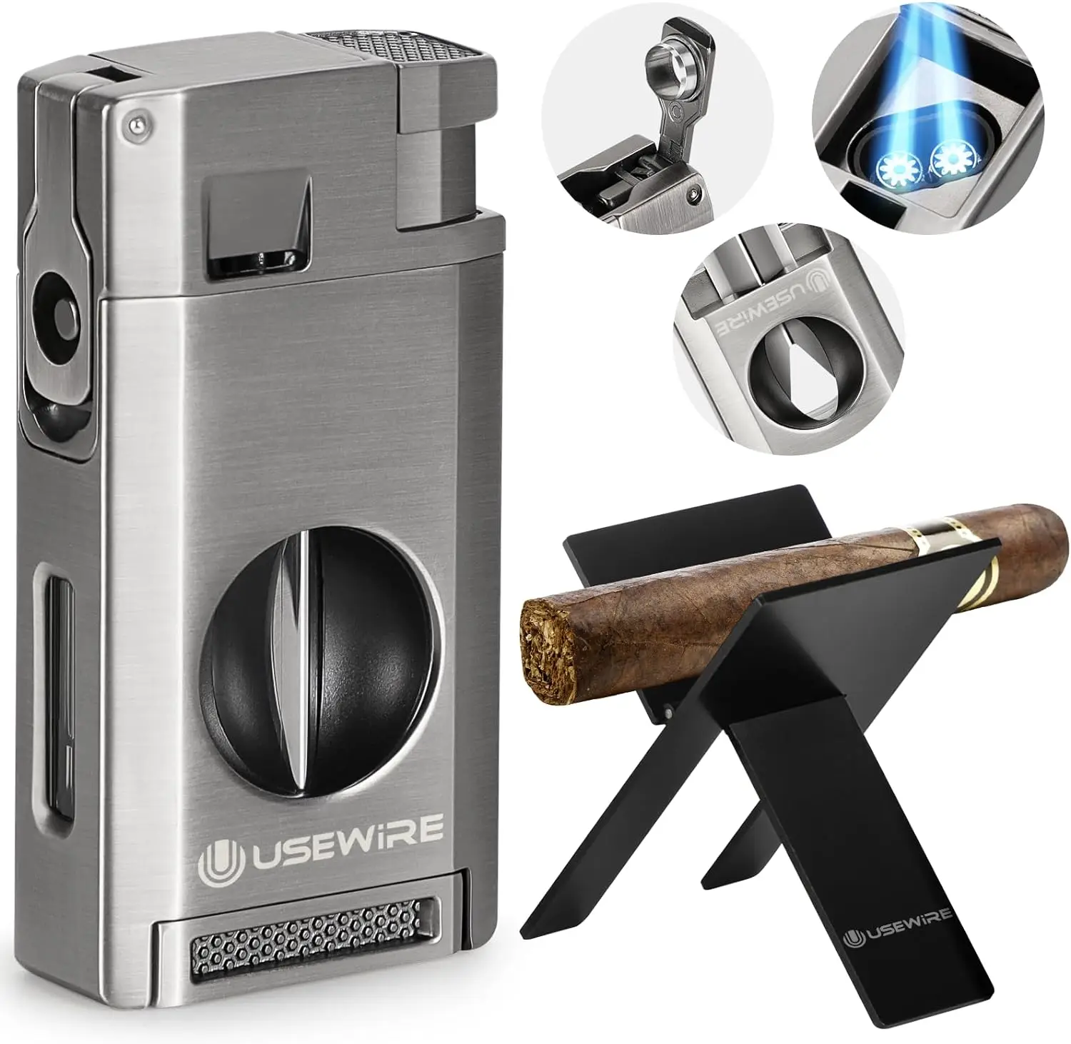 Cigar Lighter and Cigar Holder Set,Refillable Butane, Butane Lighter, V-Shaped Cigar Cutter, Foldable Cigar Punch