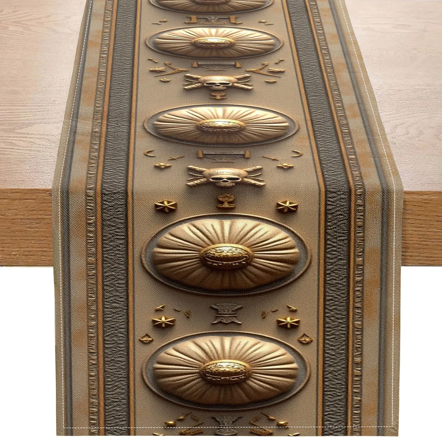 

1 Piece of Vintage Metal Skull-Patterned Table Runner, with Gold Domes on a Brown Background, Featuring Skulls and Mysterious Symbols, Suitable for Castle-Themed Restaurants, Retro-Style Bars, Art Collection Exhibitions, Fantasy Board Game Gatherings, Dar