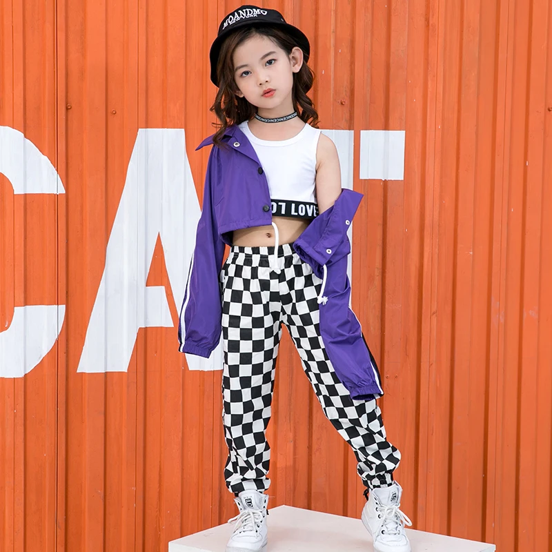 Girls Crop Jacket Plaid Pant Hip Hop Kids Checkered Street Dance Clothes Sets Child Jazz Short Coat Outfits Costumes Streetwear