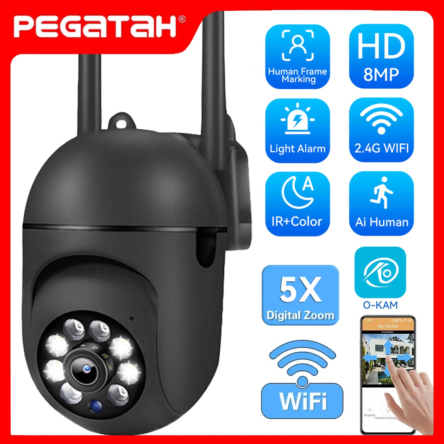

Камеры PEGATAH 2.4G Wi-Fi, 5 МП, IP-камера для видеонаблюдения, внутренняя система безопасности, монитор с 5-кратным зумом, беспроводная домашняя камера с трекингом и сигнализацией