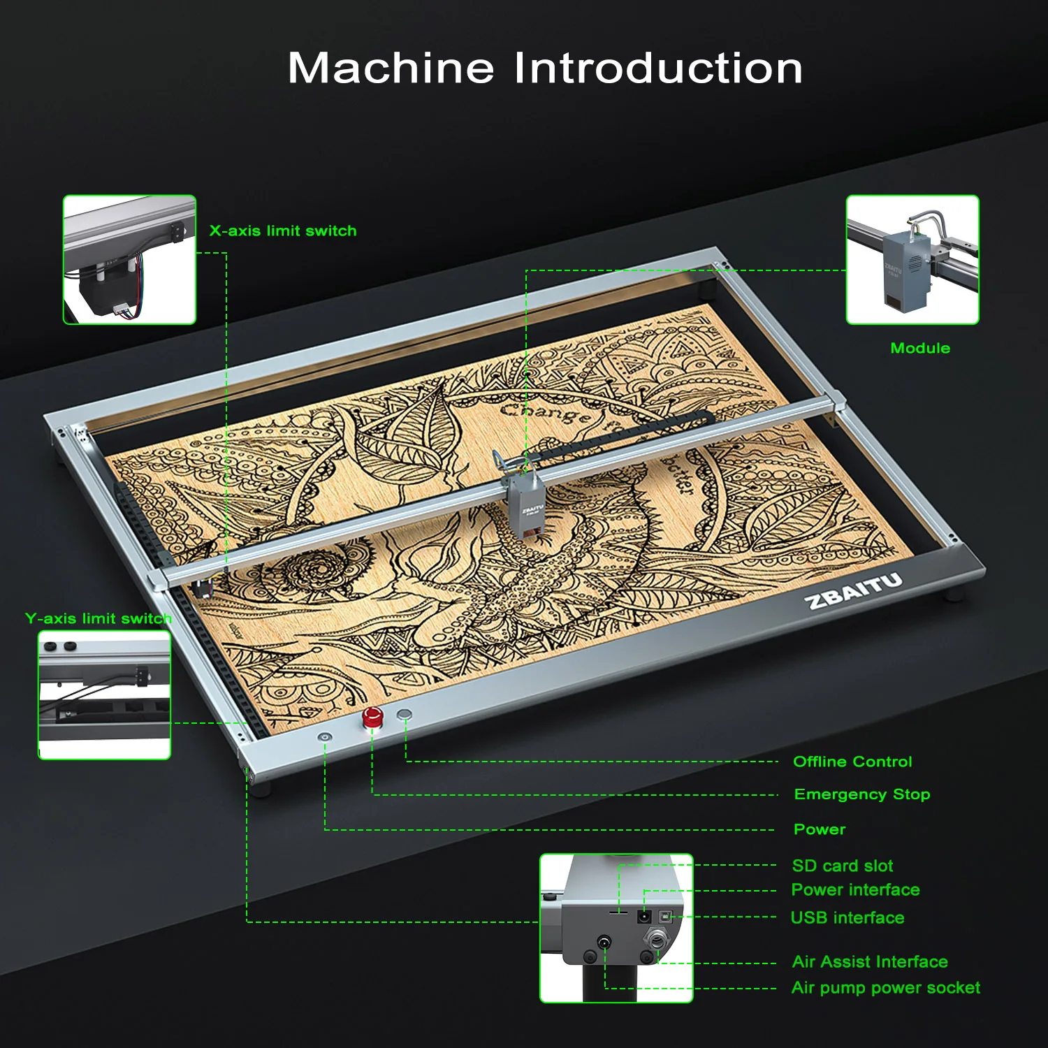 Imagem -03 - Zbaitu-cnc Máquina de Corte de Madeira Gravador a Laser com Wi-fi Offline App Controle Bomba de ar Cabeça a Laser S60 20w 30w 130w 160w 80x60cm