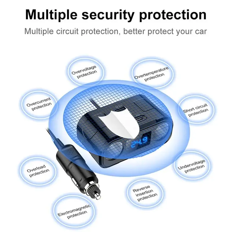 T17C Λ 60W Power Adapter Car With 2 USB 2 Type C Charging Port Voltage Detection Phone